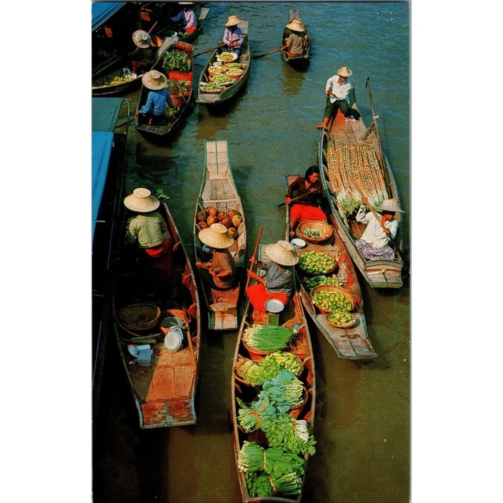 Vintage Floating Market‎ Wat-Sai Bangkok Thailand Postcard by PHORN THIP